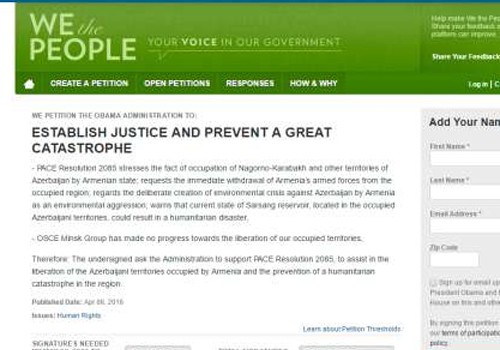 Ağ Evin saytında Ermənistanın işğalçılıq siyasəti ilə bağlı petisiya səsverməyə çıxarılıb