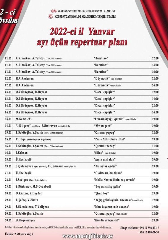 Azərbaycan Dövlət Akademik Musiqili Teatrının Yanvar Repertuarı